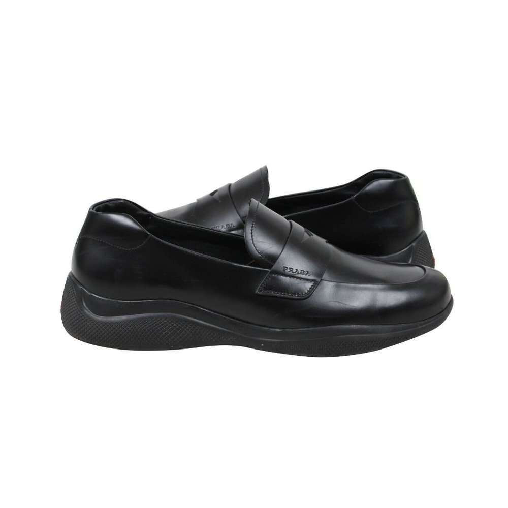 Prada Mens Spazzolato Rois Penny Loafers Size UK8 US9 Black Leather Rubber Sole - Picture 4 of 7